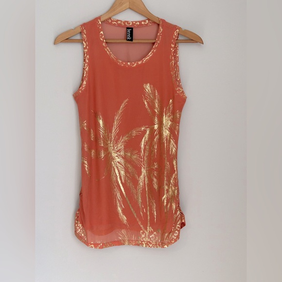 NWOT Berek Coral Gold Foil Palm Tree Mesh Tank Top Size L - Picture 1 of 10